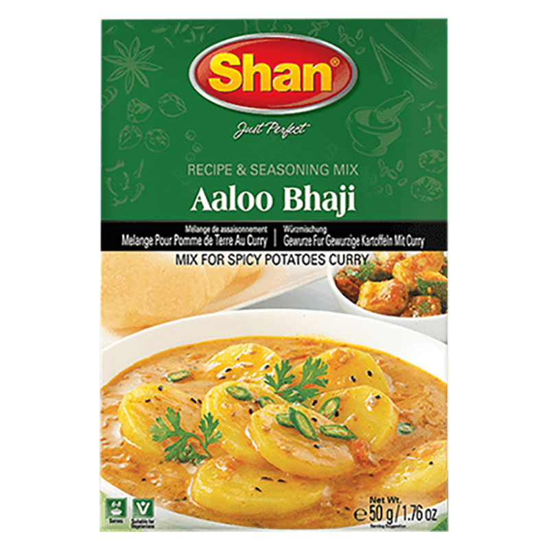 Shan Aaloo Bhaji Mix är en kryddmix som används för att tillaga Aaloo Bhaji, en klassisk indisk potatisrätt. Aaloo Bhaji, även känd som Aloo Sabzi eller Aloo Tarkari, är en enkel och smakrik potatisgr