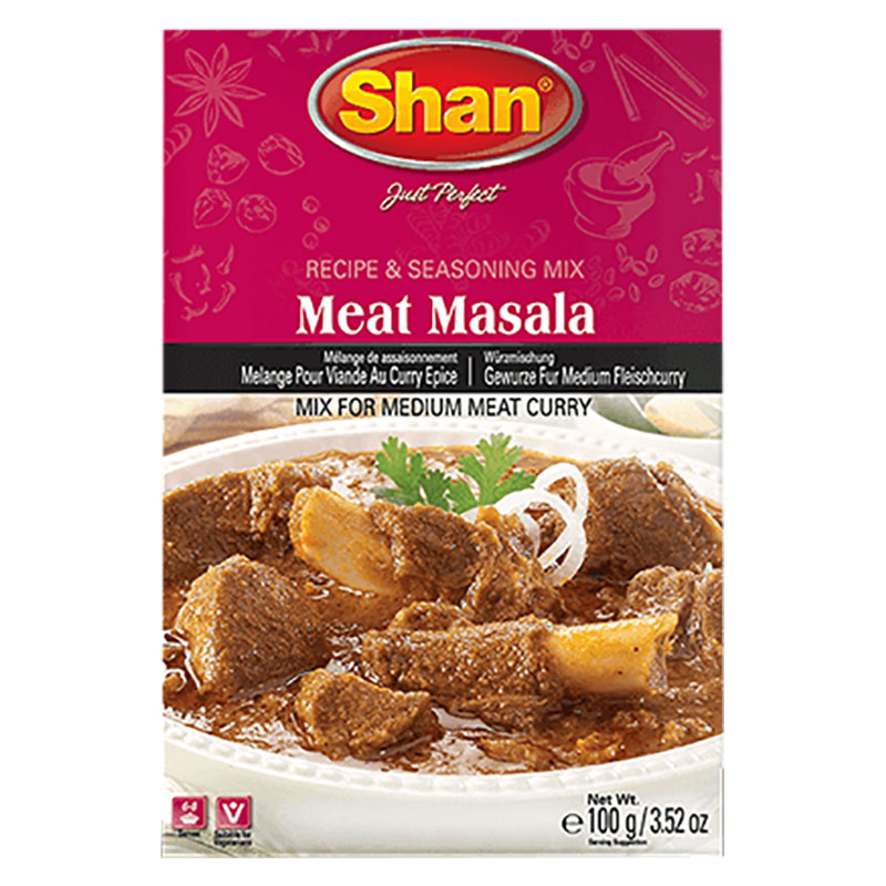 Shan Meat Masala Mix innehåller en balanserad kombination av kryddor och smaksättare som ger en fyllig och kryddig smak till köttcurryn. Kryddmixen kan innehålla ingredienser som spiskummin, koriander