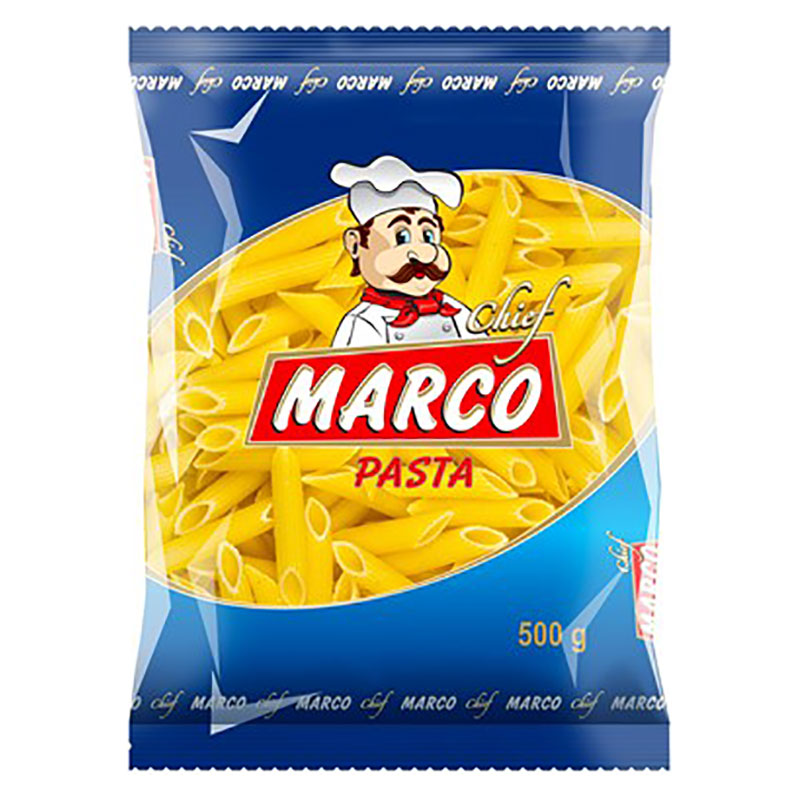 Marco Pasta penne är framställd av utvald vetemjöl enligt de italienska normerna. Pasta som produceras med denna typ av vetemjöl har en fast (Al Dente) struktur, högsta kvalitet i färg, smak, betakaro