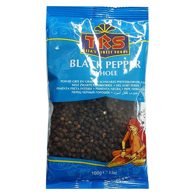 TRS Svartpeppar hel 100g - för den fulländade smaken! TRS hela svartpepparkorn är torkade bär från busken piper nigrum som odlas i Sri Lanka/Indien. Denna krydda är den mest använda i hela världen och