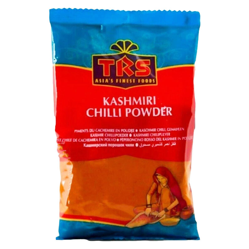 TRS Kashmiri chilipulver är namnet på pulveriserad chilipeppar. Den är stark, har en distinkt smak och ger maten en klarröd färg. TRS Kashmiri Chili Powder är mald av de finaste röda chilin.