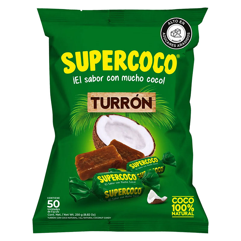 Turron Supercoco - En fröjd för alla kokosälskare! Dessa läckra karamellliknande godisar är en 100 % kokosnötsupplevelse direkt från Colombia. Med Turron Supercoco får du en smakresa till tropikerna i