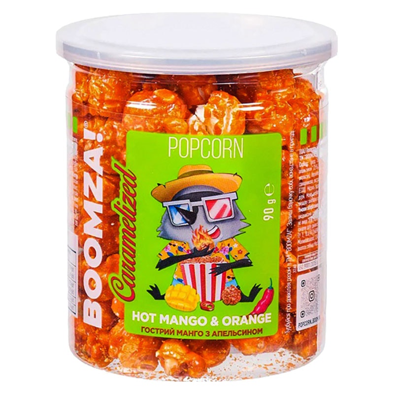 Karamelliserad popcorn med smak av mango och apelsin