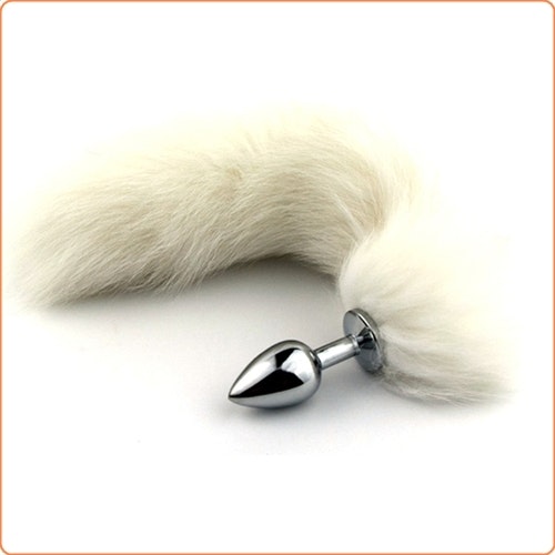 White Arctic Fox Tail, metallplugg, Medium