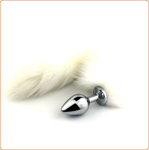 White Arctic Fox Tail, metallplugg, Medium