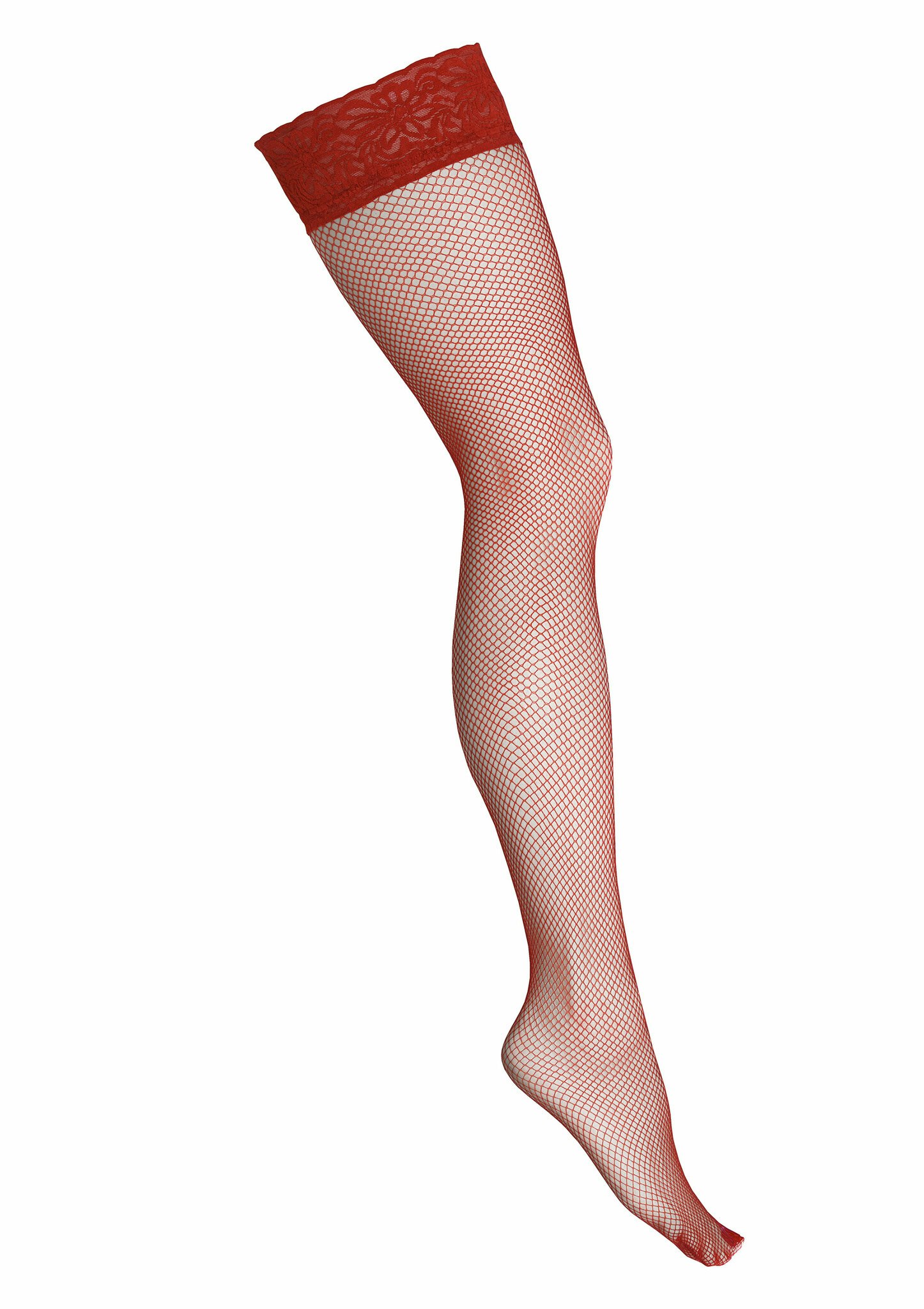 Fishnet hold ups with lace band with silicone, L/XL, Dark red