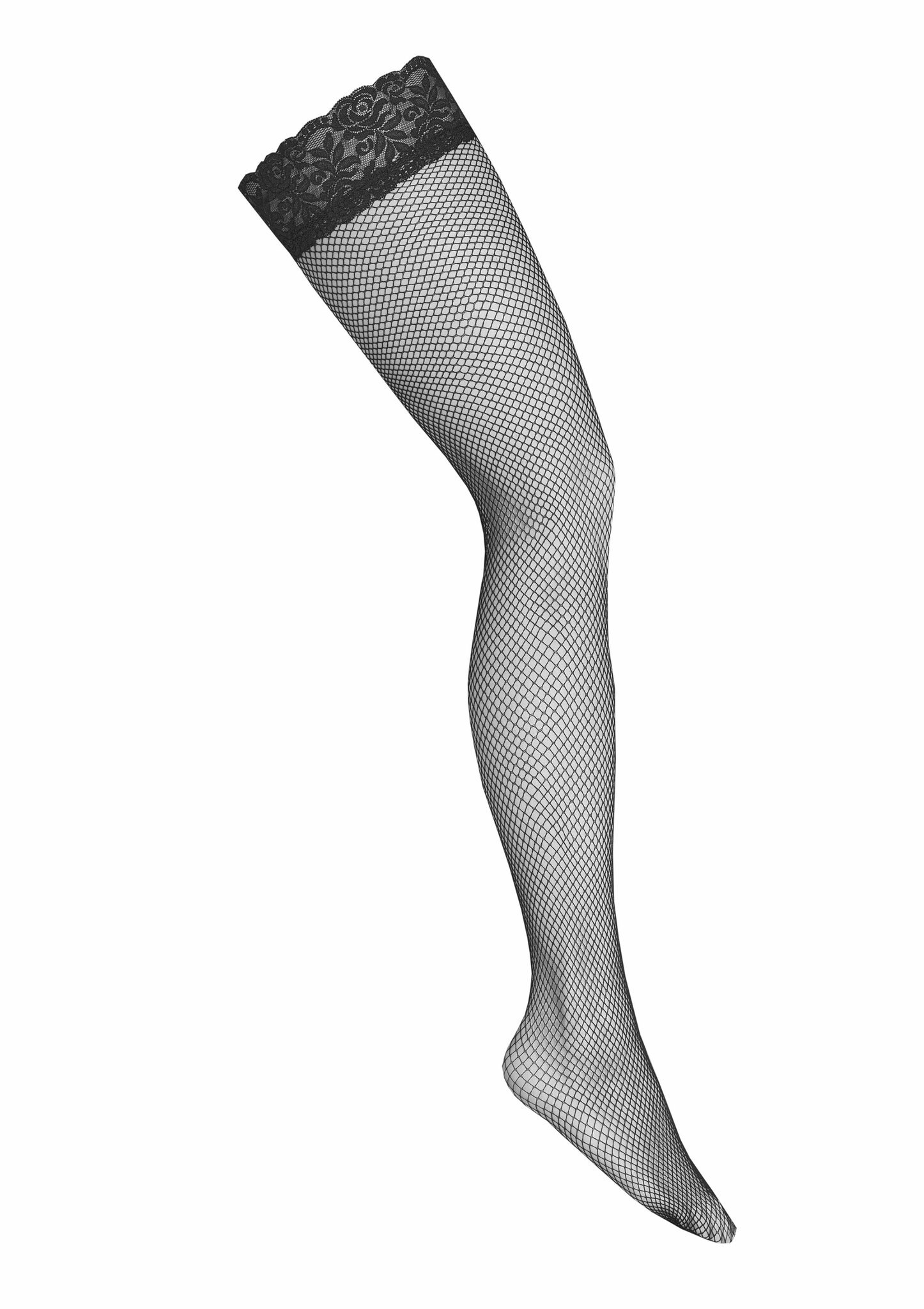 Fishnet hold ups with lace band with silicone, L/XL, Black