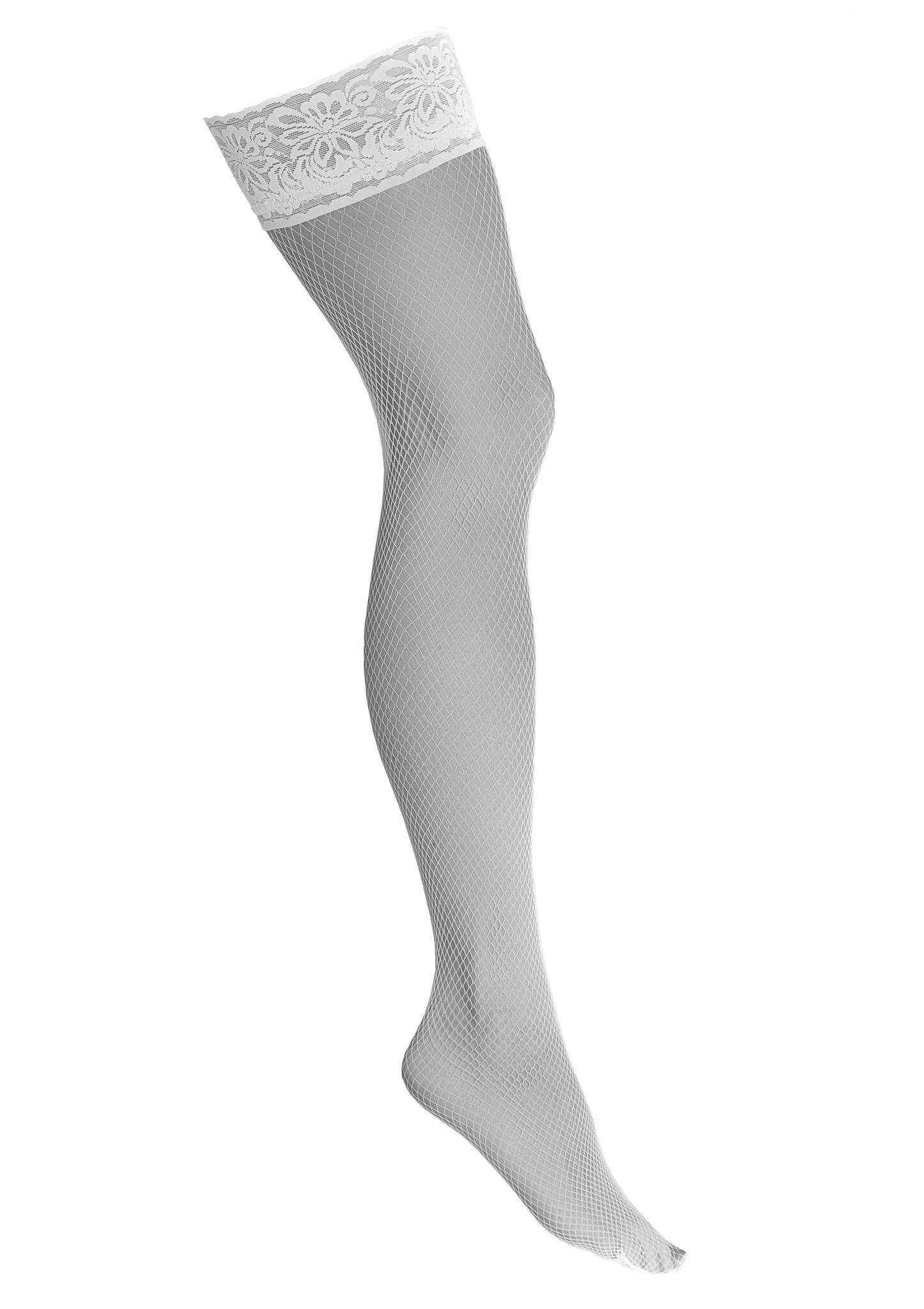 Fishnet hold ups with lace band with silicone, L/XL, White