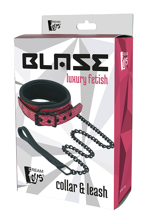 Blaze - Rosa halsband i ormskinnslook med kedjekoppel
