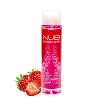 Nuei, ätbar, värmande massageolja - Strawberry