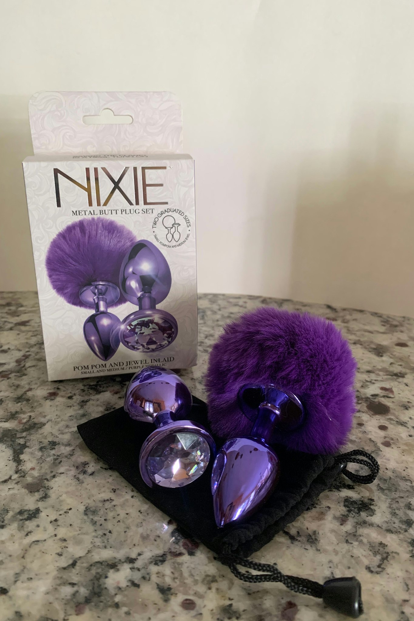 Nixie Metal Butt Plug Set, Pom pom and jewel