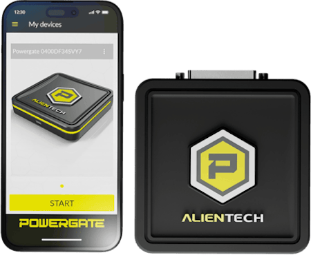 Powergate för flashning av ECU mappar i ECU av kund på egen hand. Exempelvis växling mellan Original - Trim-mapp, Powergate kan växla mellan 4 olika mappar. Du gör själv ändringen i din mobil