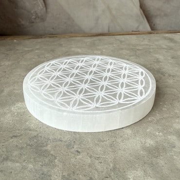 Selenit, flower of life rund laddningsplatta (10 cm)