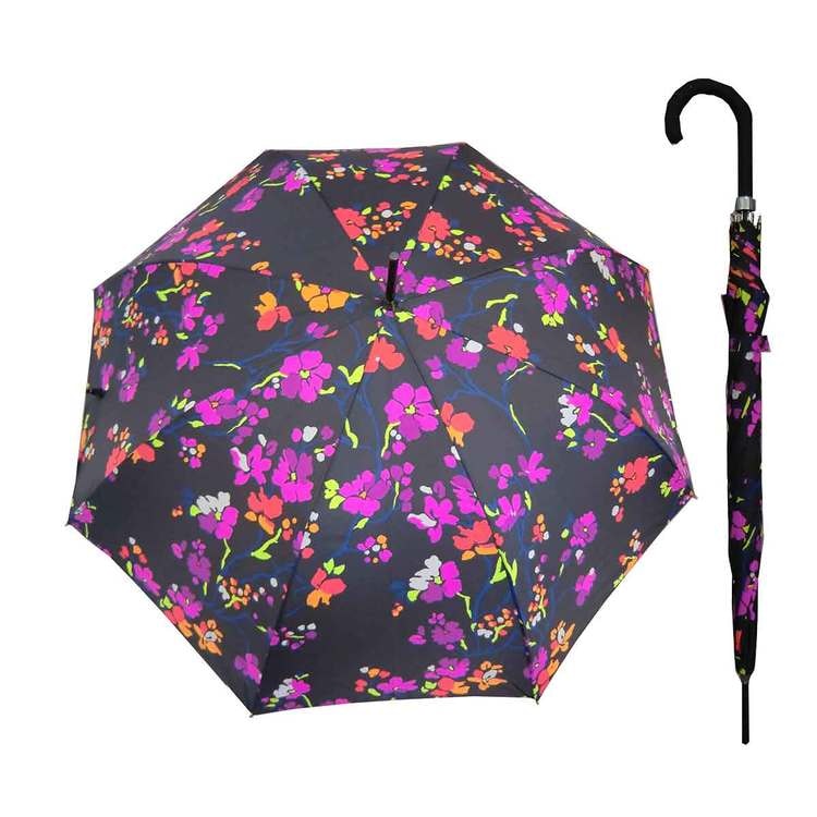 Paraply långt dam svart med blommor vindsäkert