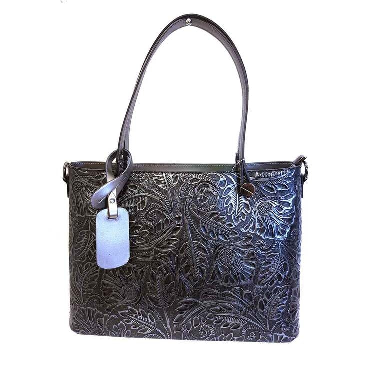 Handväska stor italienskt skinn silver svart mönstrad S.A.C