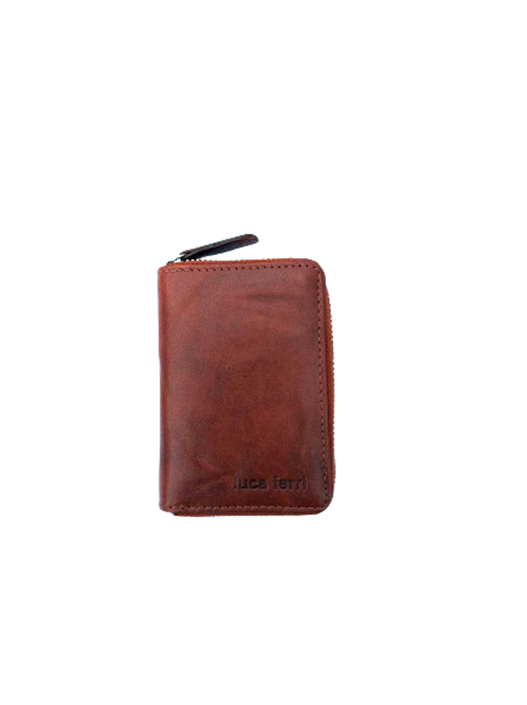 Plånbok för kort med 6 fack och dragkedja i läder, färg brun