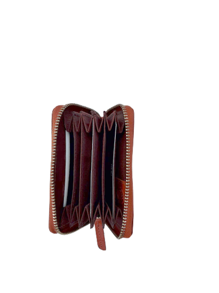 Kort-plånbok med 6 fack och dragkedja i läder, färg brandy