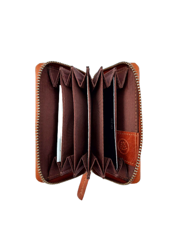 Kort-plånbok med 6 fack och dragkedja i läder, färg cognac