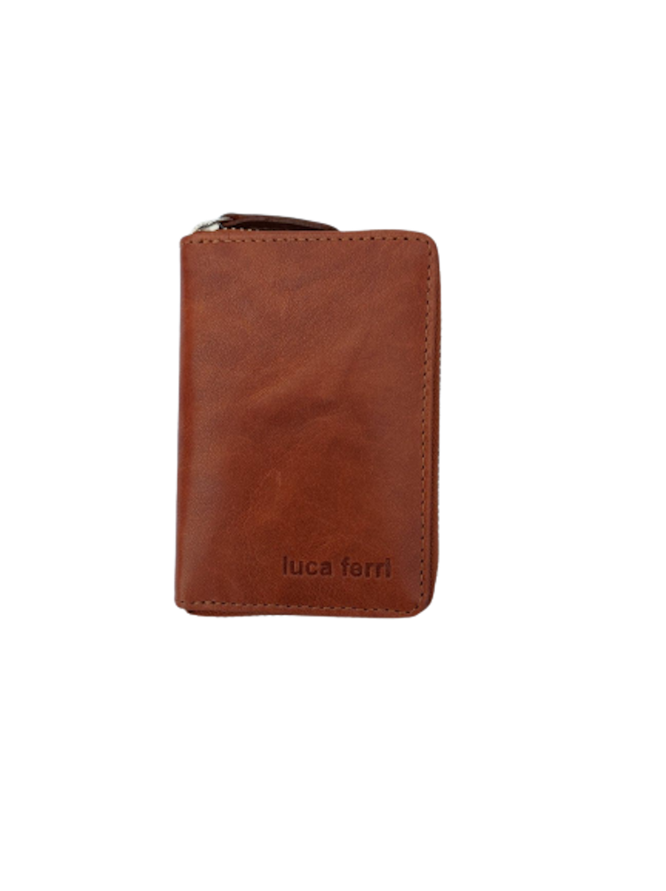 Plånbok för kort med 6 fack och dragkedja i läder, färg cognac