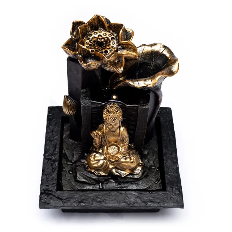 Vattenfontän med Buddha och Lotusblomma.