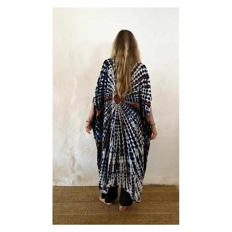 Kaftan blå vit brun batikmönster