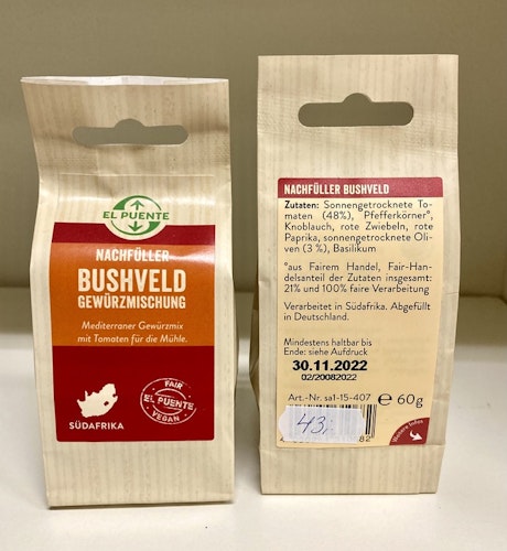 'Bushveld', refill, färgstark mix av oliver, tomater+peppar, 60 g, Sydafrika. SLUT