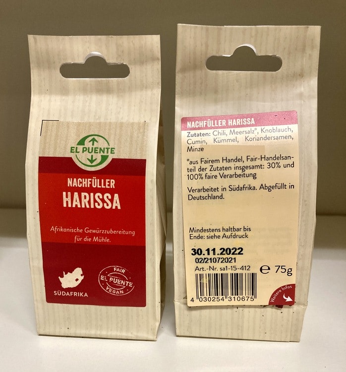 'Harissa', refill, kryddblandning med chili, 75 g, Sydafrika.