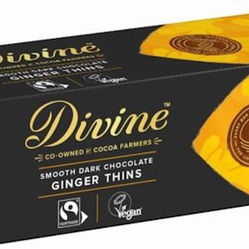 Divine mörka chokladrutor med ingefärsfyllning, 65% kakao, 200 g, VEGANSK, Ghana