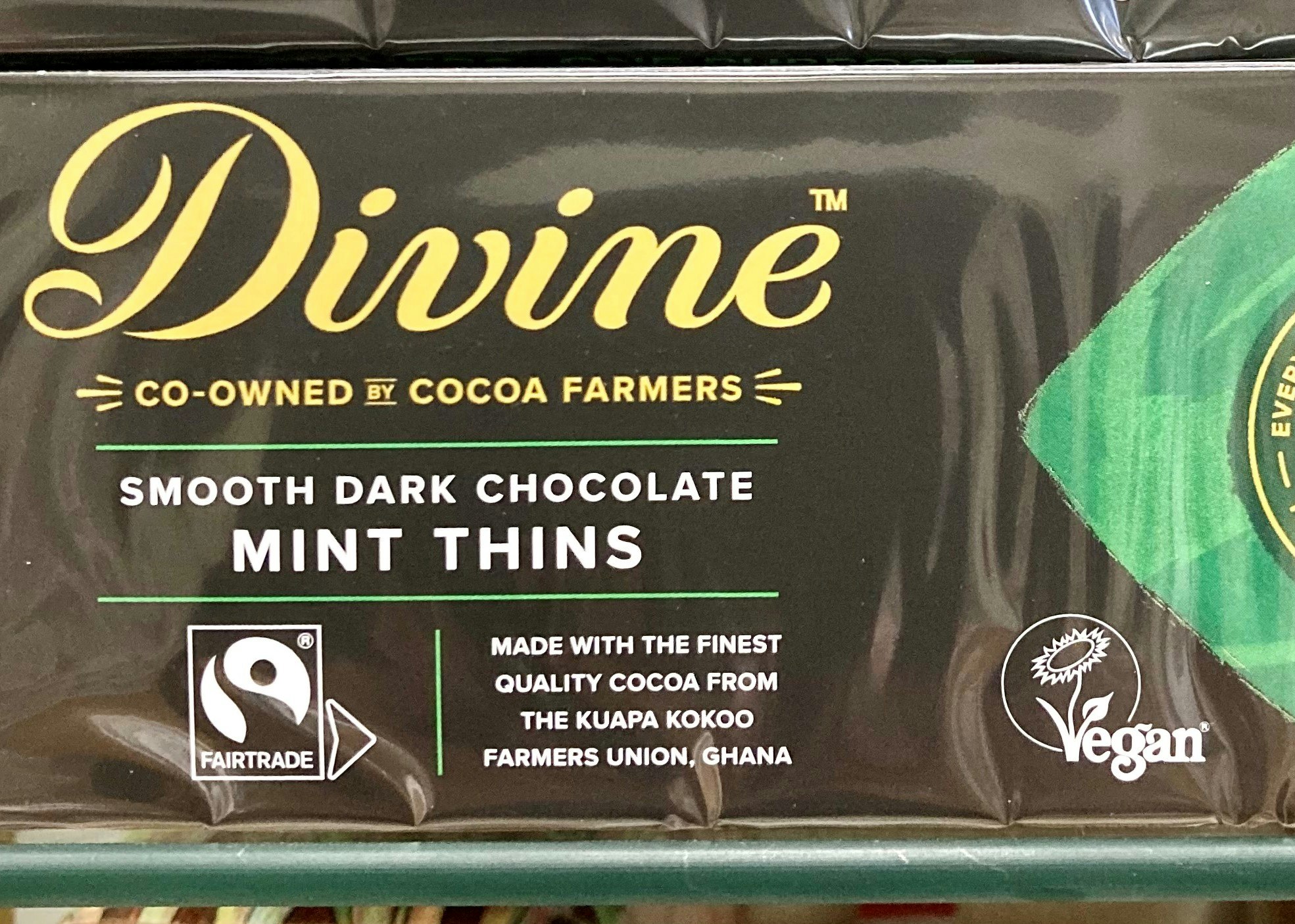 Divine mörka chokladrutor med mintfyllning, 65% kakao, 200 g, VEGANSK, Ghana