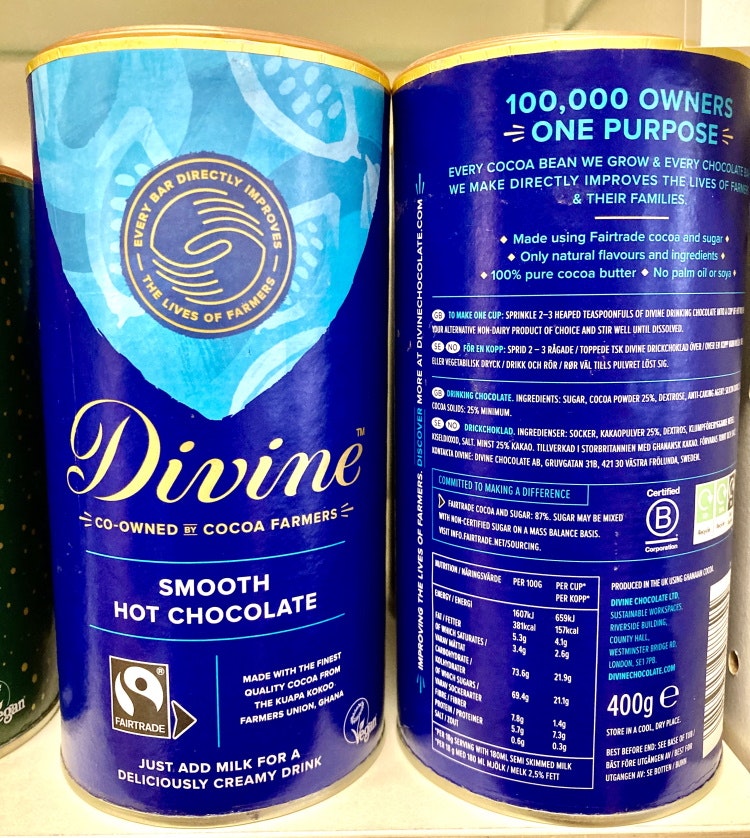 Divine drickchoklad 'Smooth hot chocolate', 25% kakao, 400 g, VEGANSK, Ghana