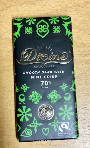 Divine mörk choklad Mint Crisp 70%, 90 g, VEGANSK, Ghana