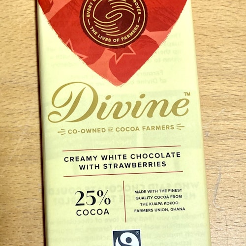 Divine vit choklad med jordgubbar, 25% kakao, 90 g, Ghana