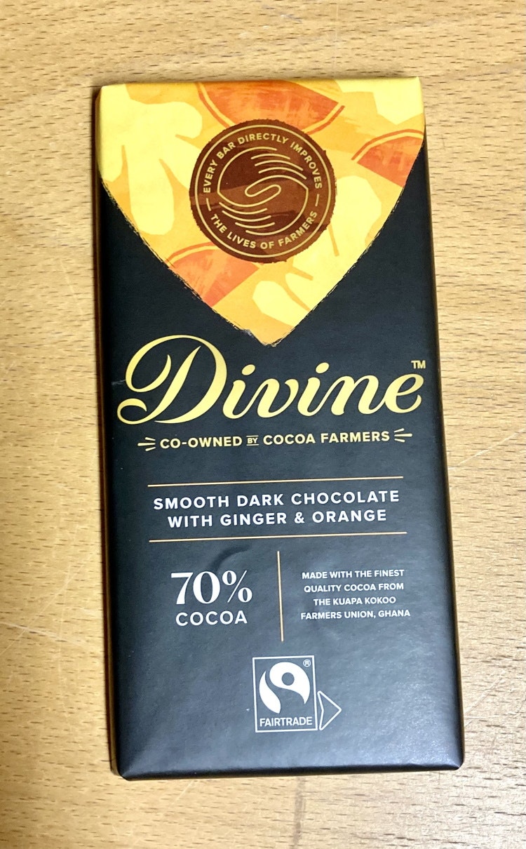 Divine mörk choklad 70% med ingefära & apelsin, 90 g, VEGANSK, Ghana