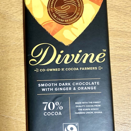 Divine mörk choklad 70% med ingefära & apelsin, 90 g, VEGANSK, Ghana
