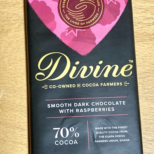 Divine mörk choklad 70% med hallon, 90 g, VEGANSK, Ghana