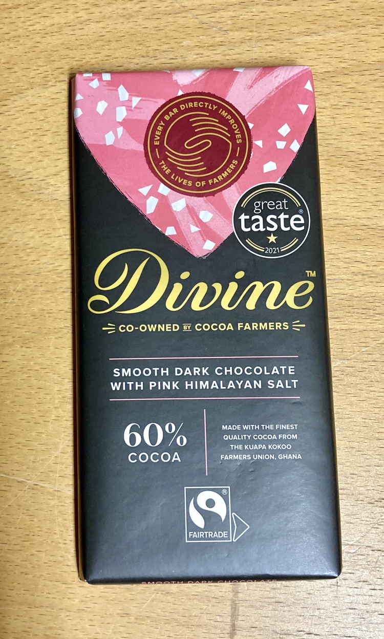 Divine mörk choklad 60%, med rosa Himalaya-salt, 90 g, VEGANSK, Ghana