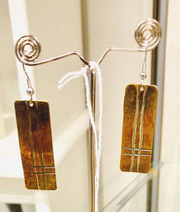 Örhängen, brons, krokar av kirurgiskt stål, 5,5 cm (inkl. krok)x2 cm, Chile