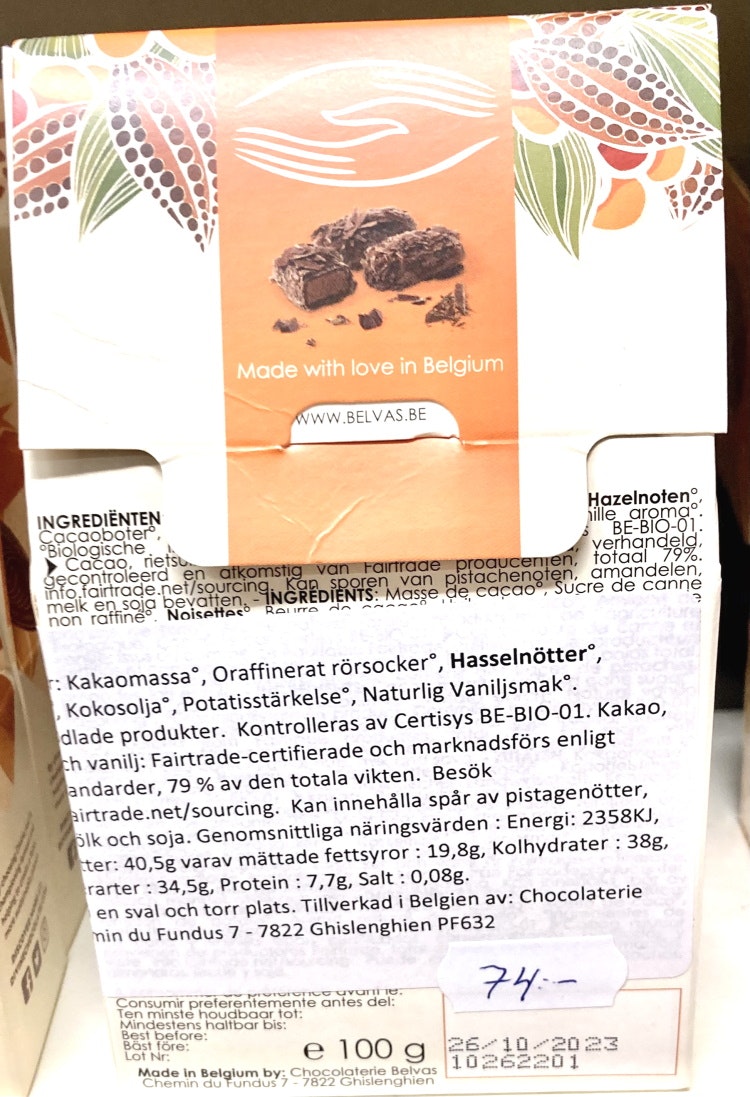 Belvas Chokladtryffel med flakes, ekologisk, 72% kakao, 100 g