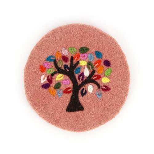 Underlägg 'Tree of life', rosa, 100% ullfilt, Ø:21 cm, Nepal