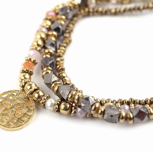Armband 3 st, trädda glas-/järnpärlor på resårband i guldfärg/vit/grå/rosa 19 cm/Indien