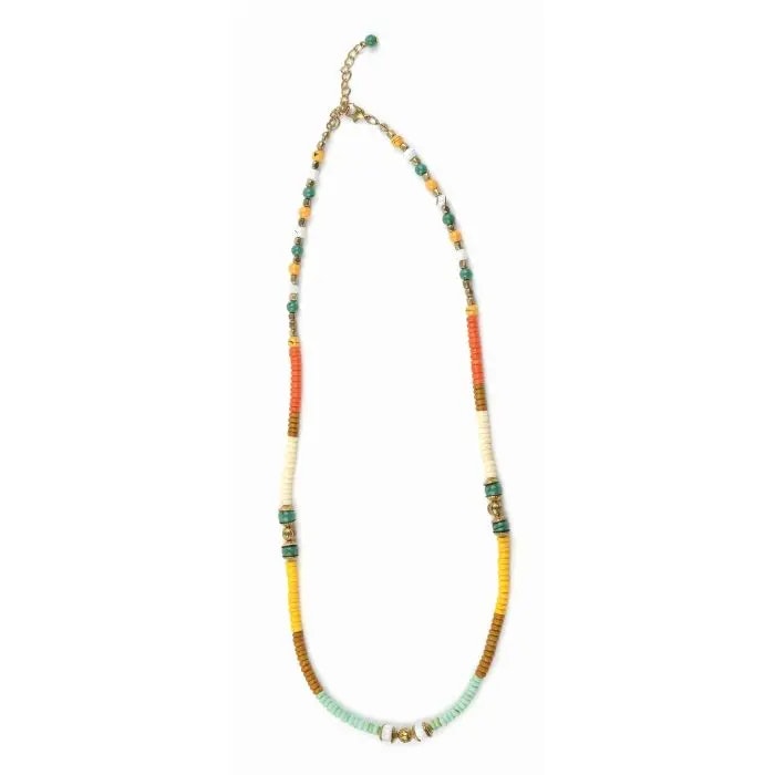 Halsband/ASHA i flerfärgade pärlor i glas, mässing, järn och ben L 66 cm med förlängning/Indien