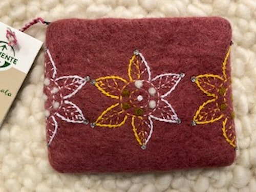 Börs, tovad med vackert broderi och dragkedja, 100% ull/Nepal, 15x12 cm