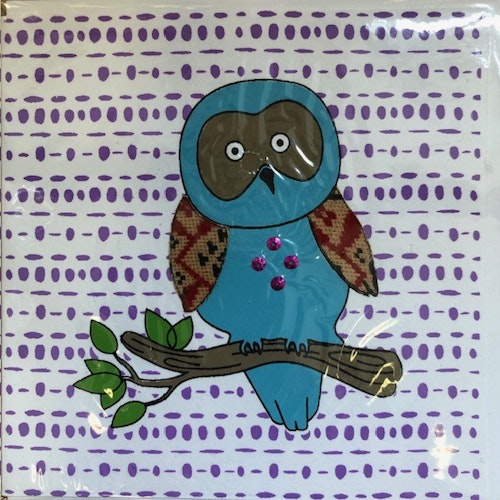 Kort, uggla på gren, serigrafi tryck, handgjort av bomull och sari återbruk/Bangladesh