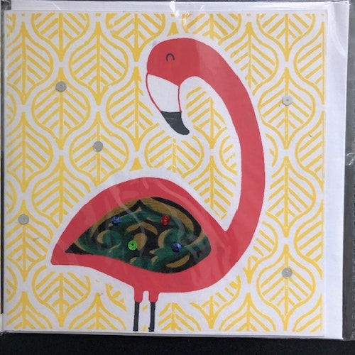 Kort, flamingo, serigrafi tryck, handgjort av bomull och sari återbruk/Bangladesh