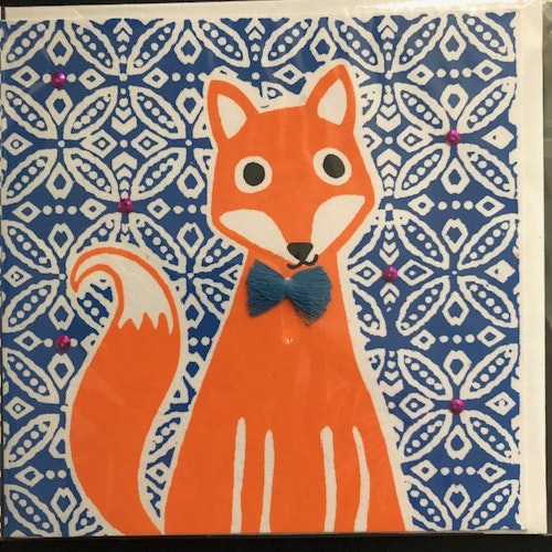 Kort med räv,Kort, serigrafi tryck, handgjort av hampa och sari återbruk/Bangladesh