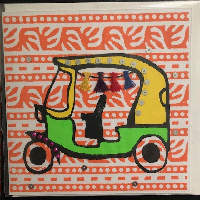 Kort med bil, serigrafi tryck, handgjort av hampa och sari återbruk/Bangladesh