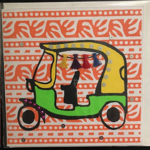 Kort med bil, serigrafi tryck, handgjort av hampa och sari återbruk/Bangladesh