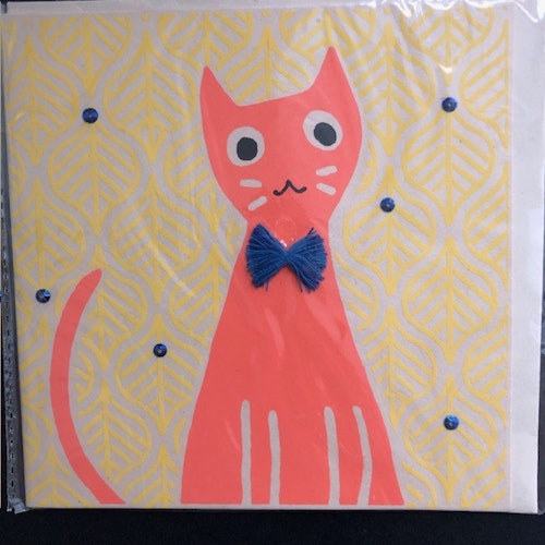 Kort med katt,Kort, serigrafi tryck, handgjort av hampa och sari återbruk/Bangladesh
