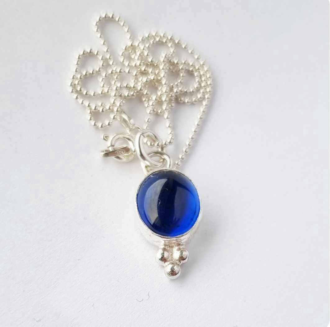 Beautiful blue glass cabochon, silver necklace silver beads pyramid charm