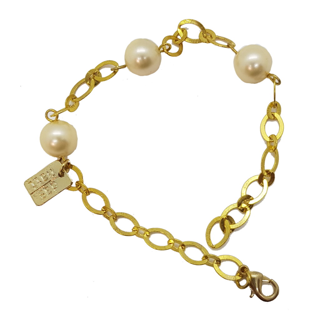 Armband, guldfärgad länk med beige pärlor